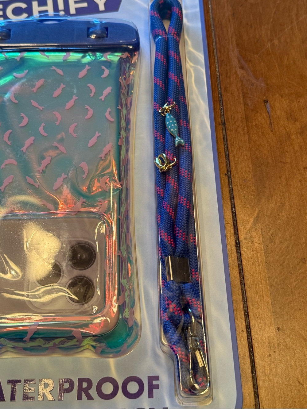 Iridescent Pink Waterproof Phone Pouch with Blue Strap - Picture 4 of 12